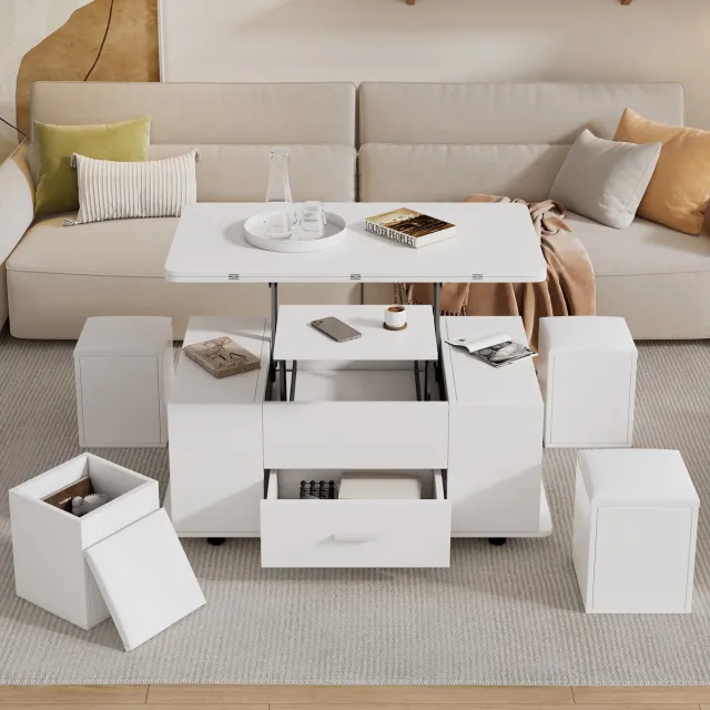 MODENUIT Salontafel - Verstelbaar En Uitklapbaar 4-In-1 Ontwerp - Voor Woonkamer En Eethoek - Wit Spaanplaat - 100x50x45 Cm