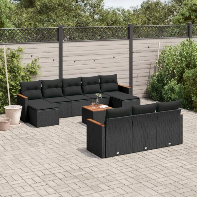 vidaXL 11-delige Loungeset met kussens poly rattan zwart, foto 2
