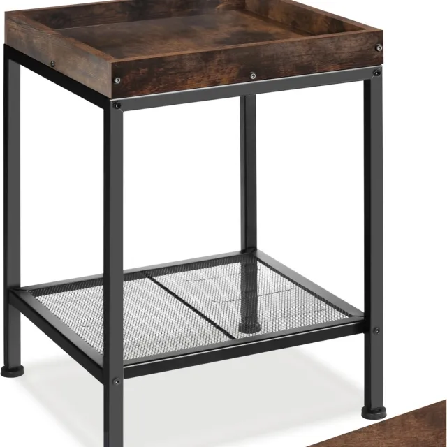 Tectake Bijzettafel met 1 plank met opstaande rand en 1 roosterplank - Nachtkastje in industrieel design - Voor woonkamer, slaapkamer, kantoor, hal - Eenvoudige montage - Zwart metalen frame - Afmeting (LxBxH) 41,5x41x56 cm - Donkerbruin