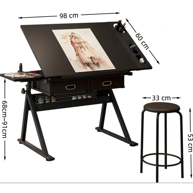 HAUSS SPOLE Tekentafel - Verstelbaar En Kantelbaar Werkblad Met 2 Laden En Kruk - Voor Thuisstudie En Kantoor - MDF En Metaal - Zwart
