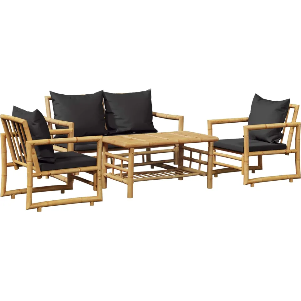 vidaXL 4-delige Loungeset met kussens bamboe grijs, foto 3