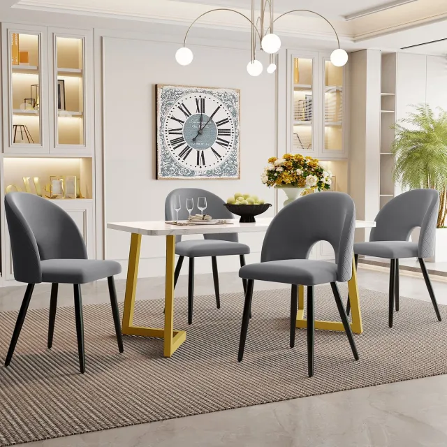 MODENUIT Eetkamerset 117 x 68 cm - Tafel Met 4 Stoelen En Verstelbare Stoelpoten - Voor Eetkamer - Fluweel Grijs Grijs + Goud