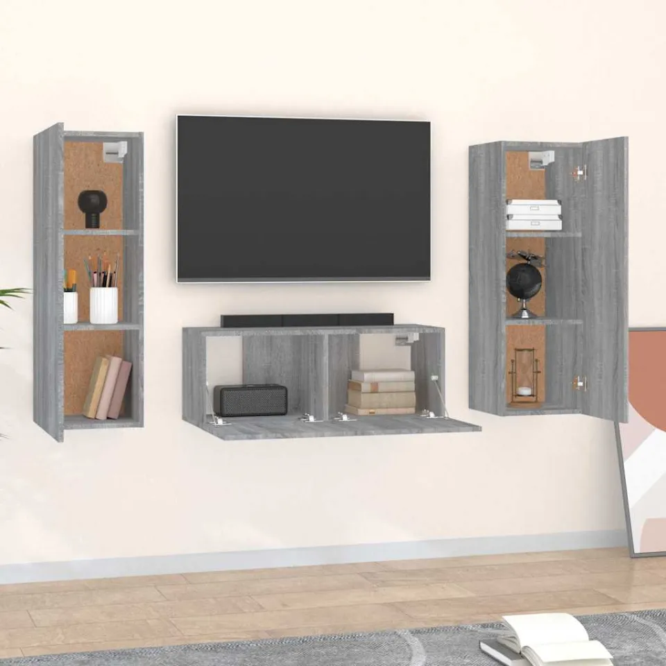 vidaXL 3-delige Tv-meubelset bewerkt hout grijs sonoma eikenkleurig