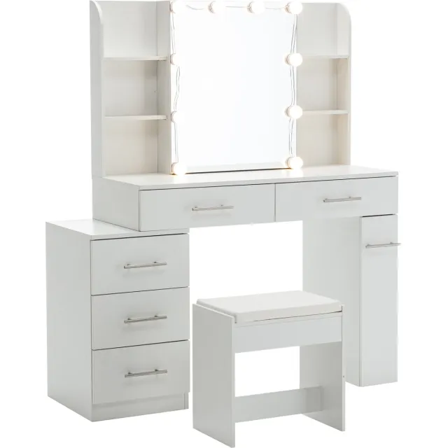 YYchan Kaptafel - Make-up Tafel met Verborgen Kast & Hoekplanken - met Spiegel en Verlichting - 10 LED Lampen - 100x40.5x136 cm - Wit