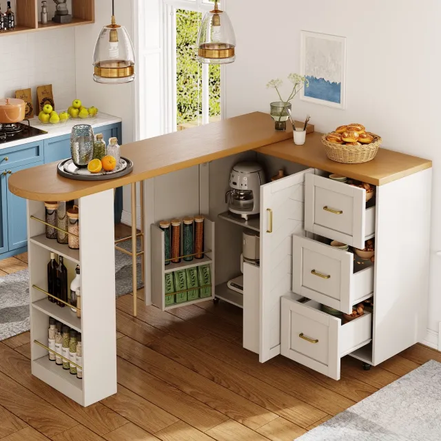 Maisentiel Uitschuifbare bartafel op wielen - wit met houtlook blad - 135-228 x 39 x 104 cm