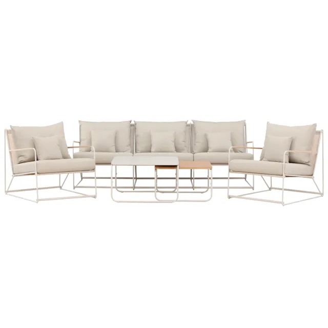 Nest outdoor Paolo 4 delige tuin loungeset beige - driezitsbank, twee fauteuils en twee salontafels - met beige zitkussens