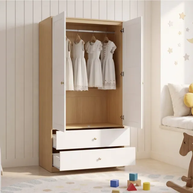 OKWISH Kledingkast - 2 Deuren - 2 Lades - Met Kledingstang - Ruime Opbergkast Voor Slaapkamer Of Werkkamer - MDF Naturel Wit - 100 X 48 X 180 Cm Natuurlijk+Wit