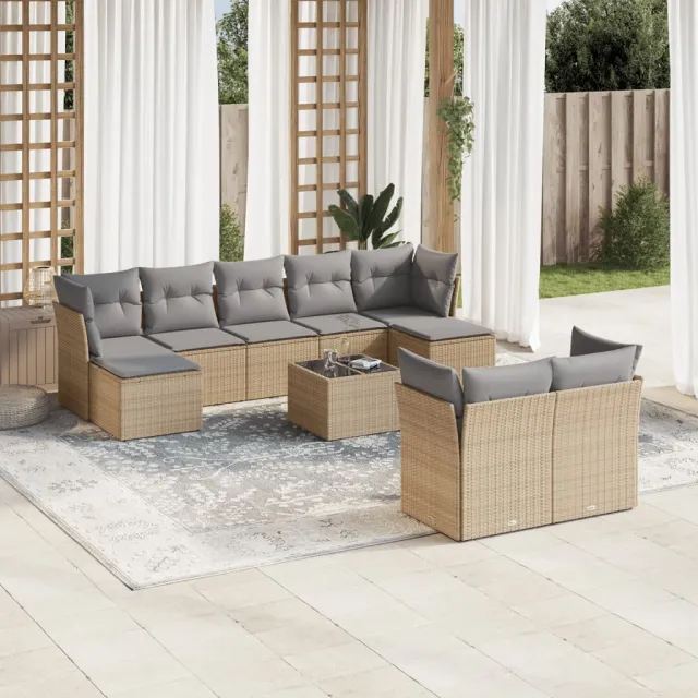 vidaXL 10-delige Loungeset met kussens poly rattan beige, foto 2