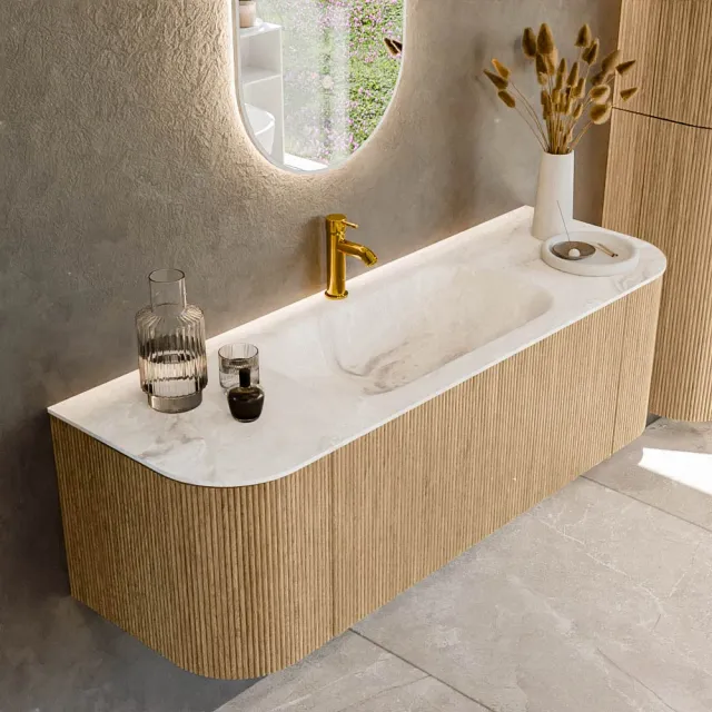 Mondiaz KURVE-DLUX 140 cm Onderkast Greeploos 1 Lade Met Deuren Oak, Wastafel Solid Surface Midden Frappe 1 Kraangat Zonder Spiegel (KRVBGS140L+R1L2D1KM-Oak/Fra)