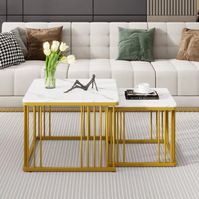 MODFU Salontafelset - Inschuifbaar - Modern - Voor Woonkamer - MDF - Wit - 60 X 60 X 45 Cm + 45 X 45 X 40 Cm