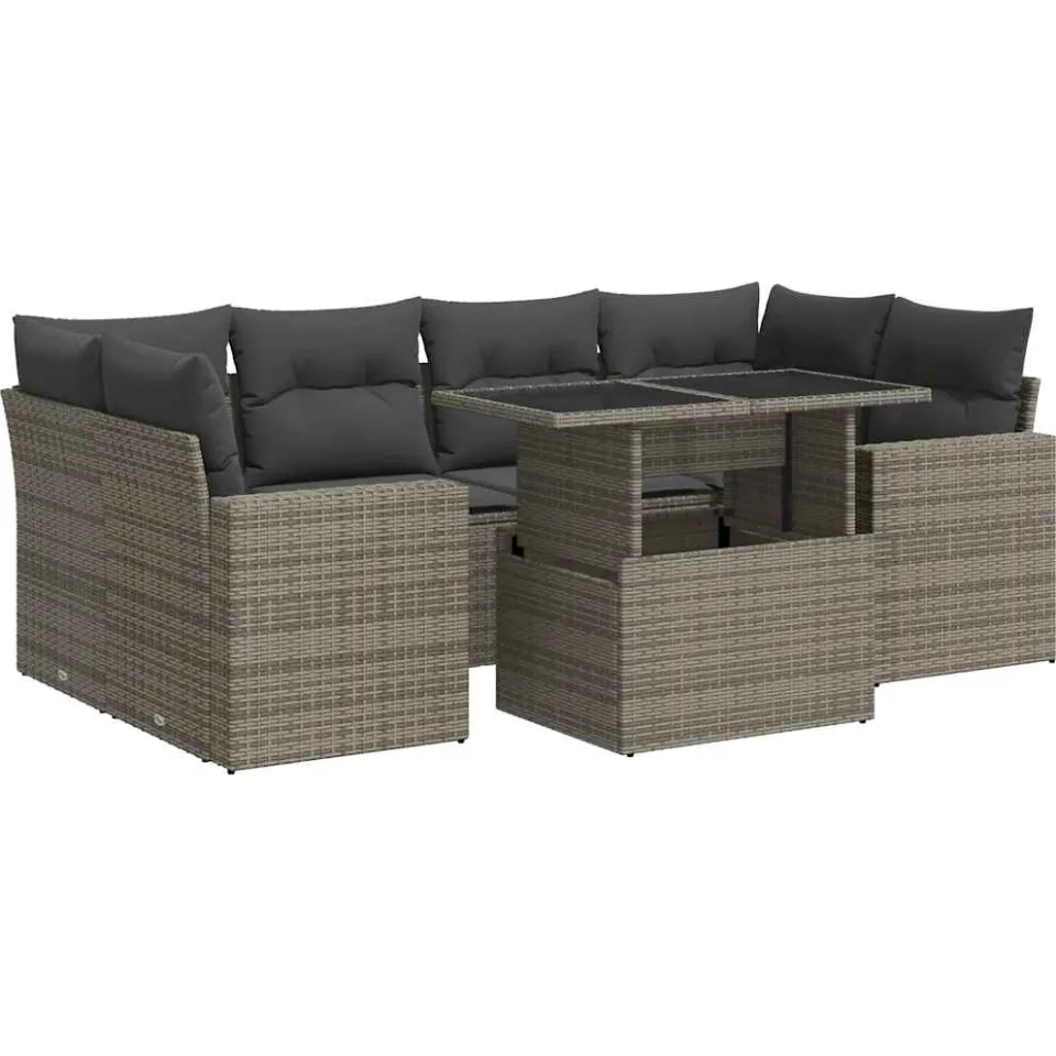 vidaXL 7-delige Loungeset met kussens poly rattan grijs, foto 3