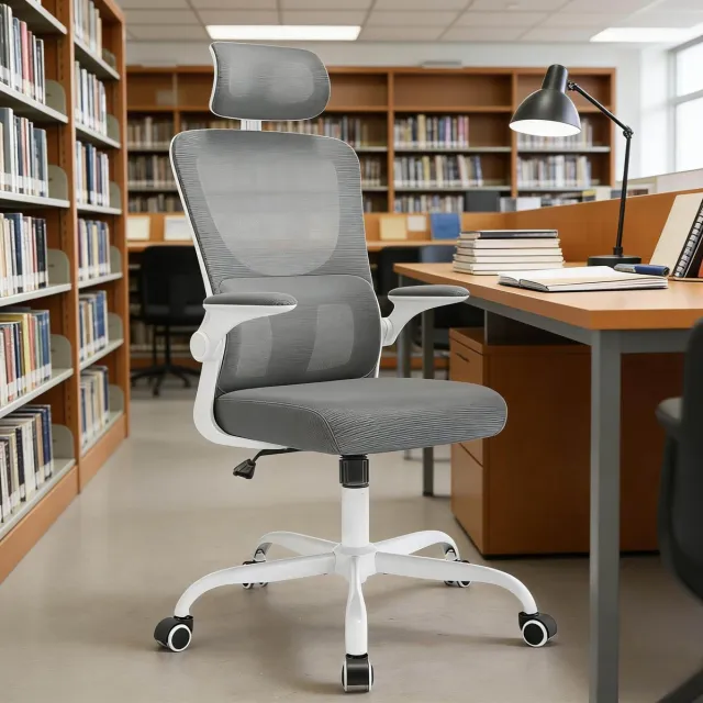 REDOM Bureaustoel - Hoge netrugleuning met hoofdsteun - Verstelbare zithoogte en kantelbare rugleuning - Met armleuningen en wielen - Mesh en metaal - Grijs - 62 x 123,5 x 69,5 cm