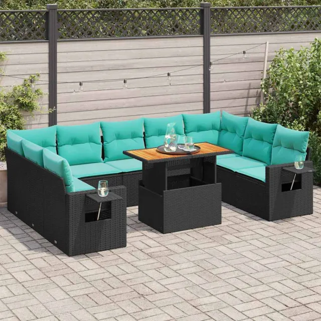 vidaXL 10-delige Loungeset met kussens poly rattan zwart, foto 2