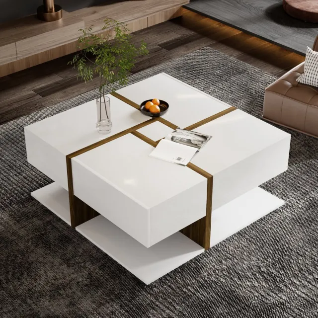 HAUSS SPOLE Salontafels 78x78x34,8 cm - Koffietafel Met Opbergruimte - Hoogglans Design - Vierkant - Woonkamer Tafel - Hout - Wit En Houtkleur