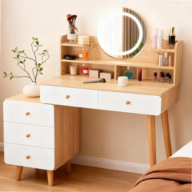 Sierra Make-uptafel met led-spiegel, make-uptafel met 5 laden en 6 legplanken, 40 x 80 x 134 cm, kaptafel met uittrekbare opslag, moderne stijl van hout, wit