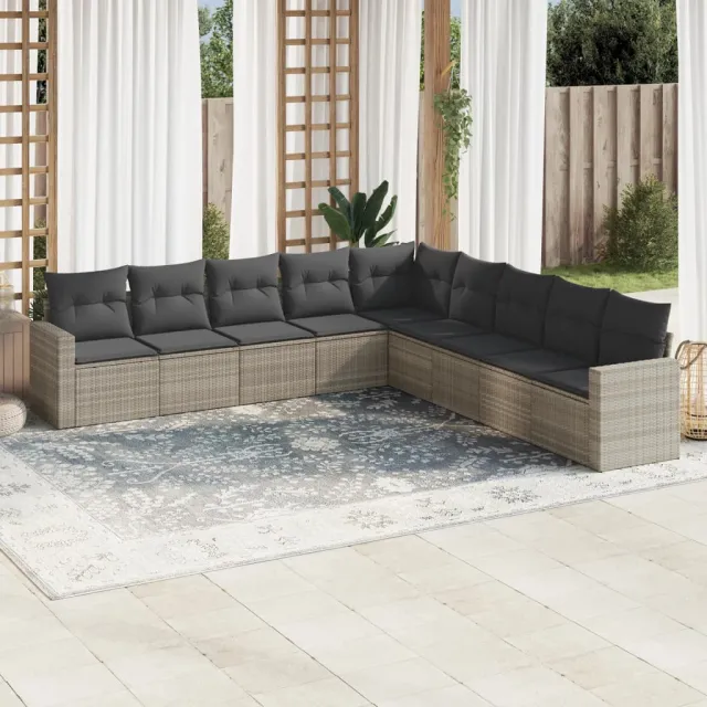 vidaXL 9-delige Loungeset met kussens poly rattan lichtgrijs grijs, foto 2