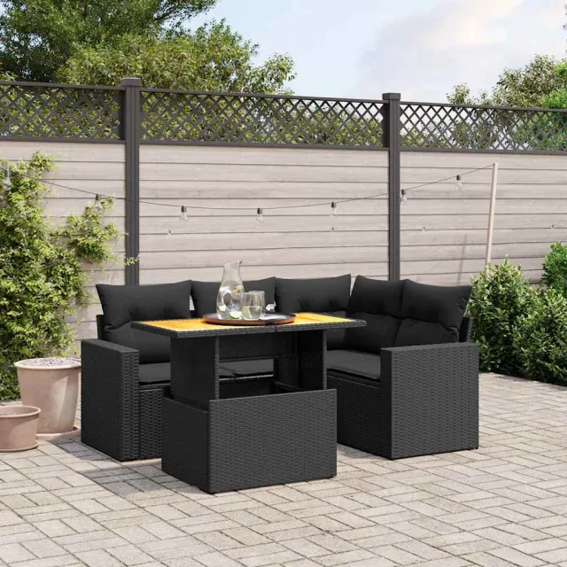 vidaXL 5-delige Loungeset met kussens poly rattan zwart, foto 2