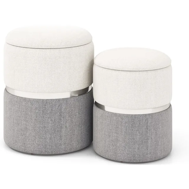 Costway Set van 2 zitbanken van samt, ottomans met 32 l & 21 l opbergruimte, poef, ronde bank, zijbank voor woonkamer en slaapkamer, kaptafel (grijs) Beige + Grijs