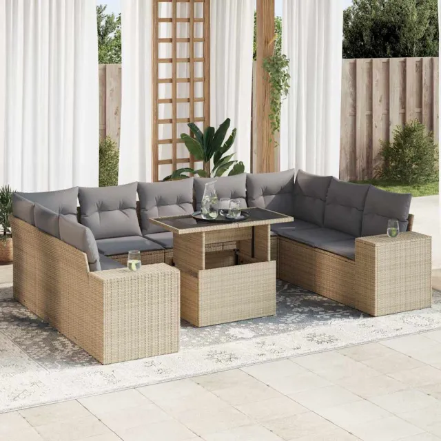 vidaXL 10-delige Loungeset met kussens poly rattan beige, foto 2
