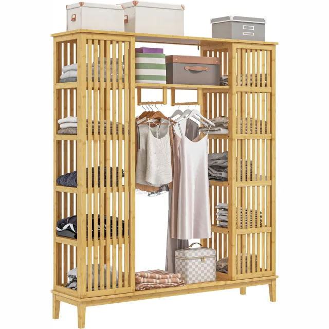 ECTEATOY Kledingkast met 2 Schuifdeuren - Open planken en hangstang- 145 x 35 x 165 cm - Houtkleur