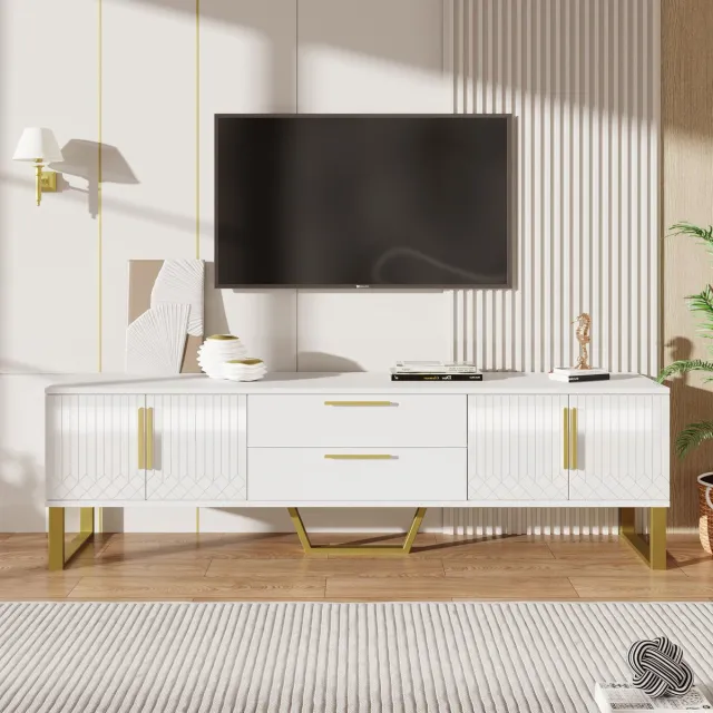 MODFU Tv-Meubel - Hoogglans - Gesneden Front - Voor Woonkamer - MDF - Wit En Goud - 170 x 40 x 53,5 cm
