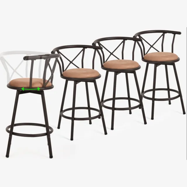 MEUBLE COSY MEUBLES COSY Set van 4 Barkrukken - 360° Draaibare Barstoelen met Rugleuning en Voetsteun Vintage Industrial Staal Zithoogte 63cm - Bruin