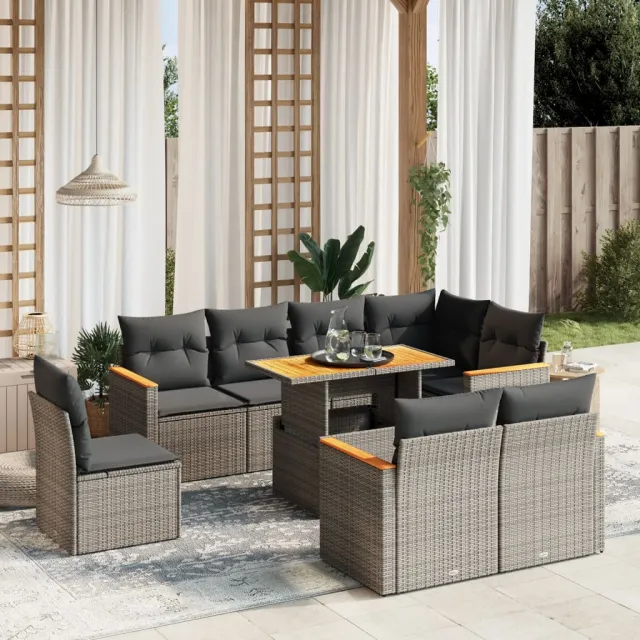 vidaXL 9-delige Loungeset met kussens poly rattan grijs, foto 2