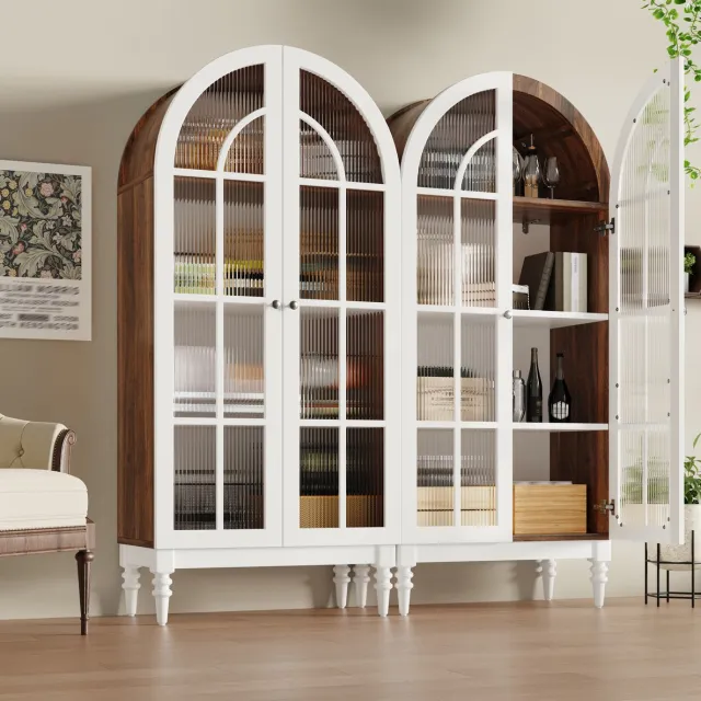 STILVORA Vitrinekast Met Boogvormige Bovenkant Dubbele Deuren Geribbeld Glas Drie Planken Voor Woonkamer En Eetkamer MDF En Metaal Wit Walnoot 76x38.5x165 Cm