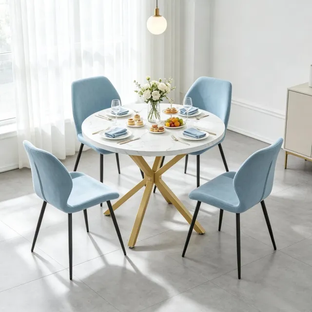 MODFU Ronde Eettafel - X-Poot - Marmerlook - Keuken - Hout En Staal - Wit En Goud - Ø100 Cm