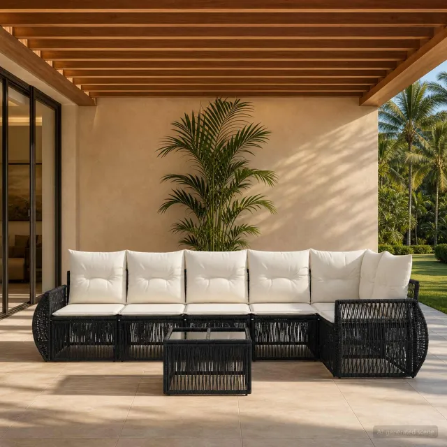 vidaXL Tuinbankenset 7 st 6-zits Zwart en Cream Wit poly rattan, foto 2