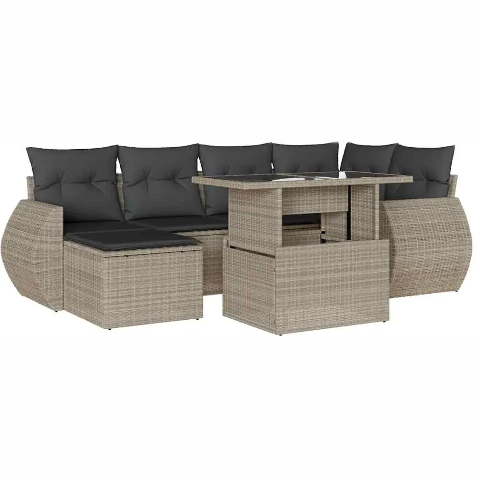 vidaXL 7-delige Loungeset met kussens poly rattan lichtgrijs grijs
