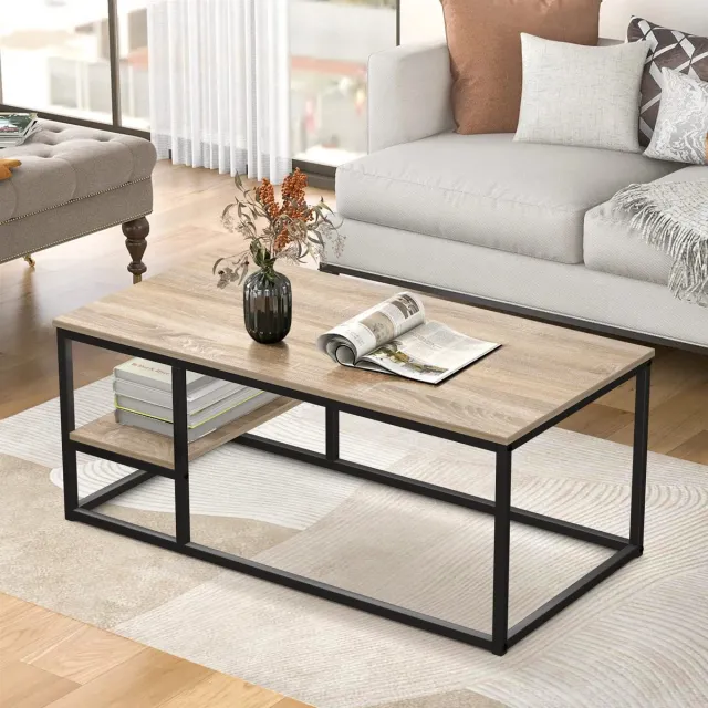 VOWNER Salontafel Industrieel - Walnootkleur - Stalen Frame - MDF Tafelblad - Scandinavisch Design - 102x52x42 cm Antieke kleur