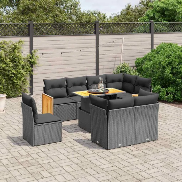 vidaXL 9-delige Loungeset met kussens poly rattan zwart, foto 2