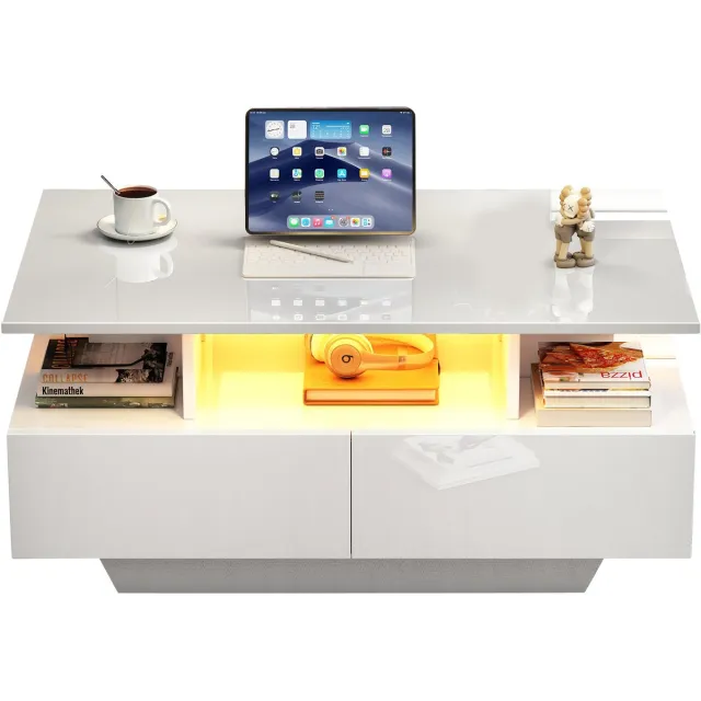 MUVANO Salontafel hoogglans wit - Salontafel met led verlichting - Moderne salontafel-Met opbergruimte - 90x55x41 cm- Sfeerverlichting - Woonkamer Wit