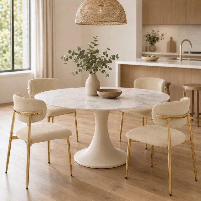 FloraGrace Eetkamerstoelen Set Van 4 - Zacht Gepolsterd Met Gebogen Rugleuning - Voor Eetkamer En Keuken - Polyester En Metaal - Bruin Goud