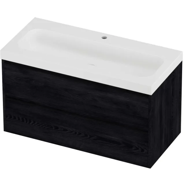 Proline Haga Badmeubelset Polystone Mezza 1 Kraangat Greeploos 100x46x58 cm Mat White Black Oak Eiken