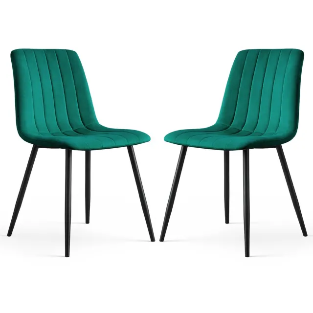 Akord Set van 2 Eetkamerstoelen LIVO / Gestoffeerde Stoelen / Fluwelen Stoelen en Metalen Poten / Flesgroen met zwarte benen