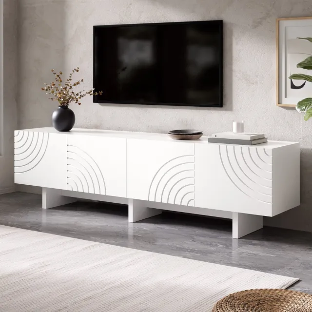 REDOM TV meubel - 4 deuren - geometrisch boogpatroon met relief fronten - opbergruimte - moderne stijl - woonkamer - MDF en spaanplaat - Wit - 170 x 35 x 50 cm