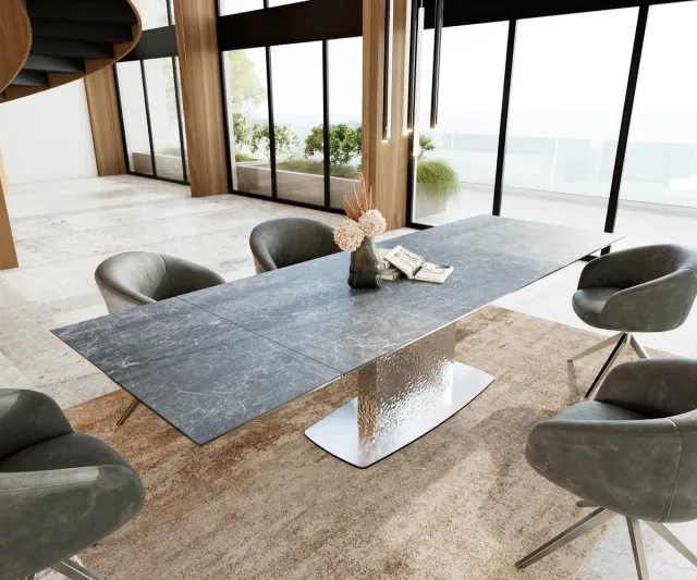 DELIFE Eetkamertafel Edge keramiek Laminam®Nero Greco grijs 200-300x100 Wave RVS uitschuifbaar Nero Greco Anthrazit
