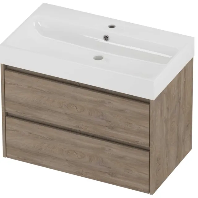 Proline Podium Badmeubelset Polystone Loft 1 Kraangat Symmetrisch 80x46x62 cm Glans Wit Raw Oak Eiken