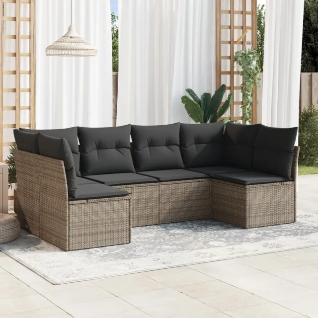 vidaXL 6-delige Loungeset met kussens poly rattan grijs, foto 2