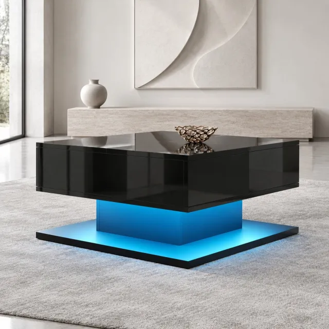 MODENUIT Salontafel - Verstelbaar Blad Met Lades En Led - Woonkamer - MDF En Spaanplaat, Zwart - 72x72x35 Cm