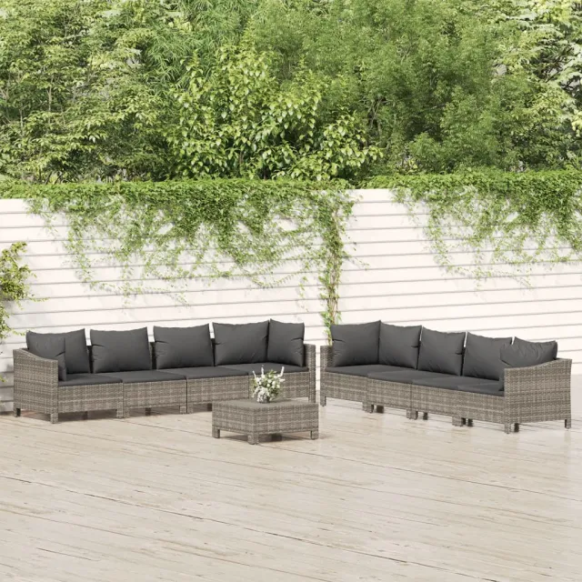 vidaXL 9-delige Loungeset met kussens poly rattan grijs, foto 2
