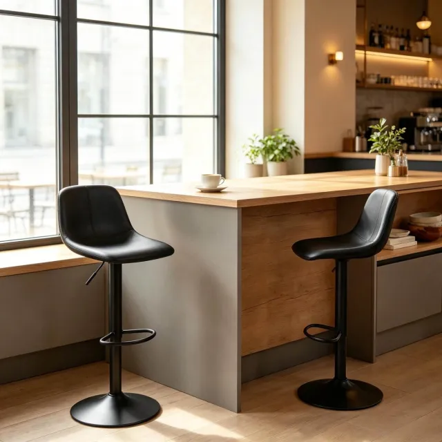 OKWISH Barkruk Set Van 2 - In Hoogte Verstelbaar Met 360 Graden Draaifunctie, Rugleuning En Voetensteun - Voor Keuken En Bar - Pu Leer - Zwart