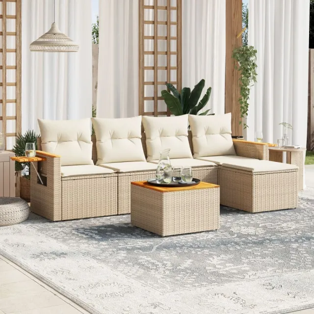 vidaXL 6-delige Loungeset met kussens poly rattan beige, foto 2