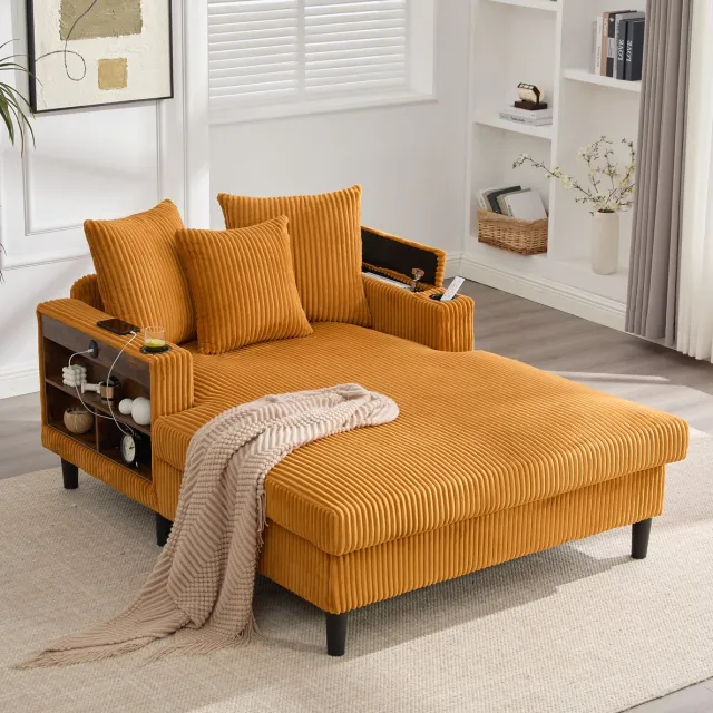 OKWISH Chaiselongue 129 x 170 cm - Met Led, Usb, Opbergruimte En Bekerhouders - Voor Woonkamer Of Balkon - Corduroy - Okergeel Mosterdgeel