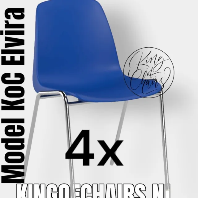 King of Chairs set van 4- model KoC Elvira blauw met verchroomd onderstel. Kantinestoel stapelstoel kuipstoel vergaderstoel tuinstoel kantine stoel stapel kantinestoelen stapelstoelen kuipstoelen stapelbare keukenstoel Helene eetkamerstoel