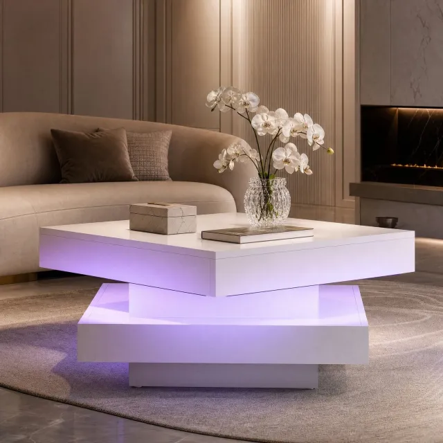 Maisentiel Salontafel 70 x 70 x 36 cm - 360° draaibaar met ledverlichting, spaanplaat, wit