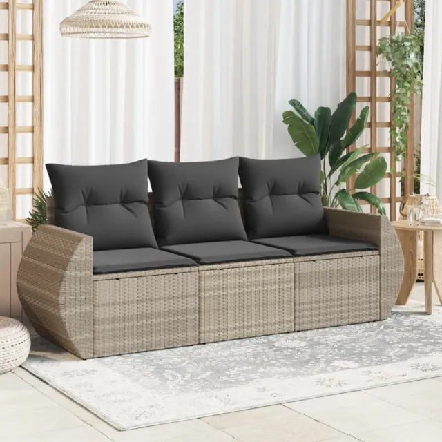 vidaXL 3-delige Loungeset met kussens poly rattan lichtgrijs grijs, foto 2