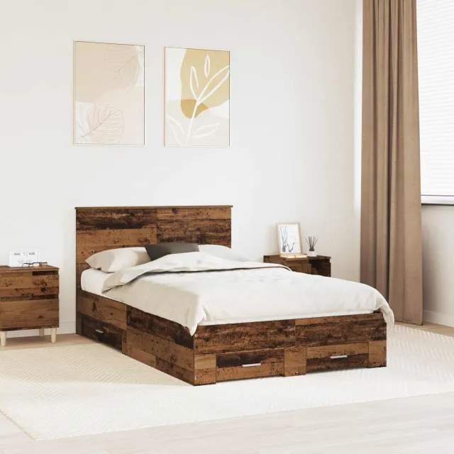 vidaXL Bedframe met lade met opslag Oud hout 120 x 190 cm Bewerkt hout Bruin